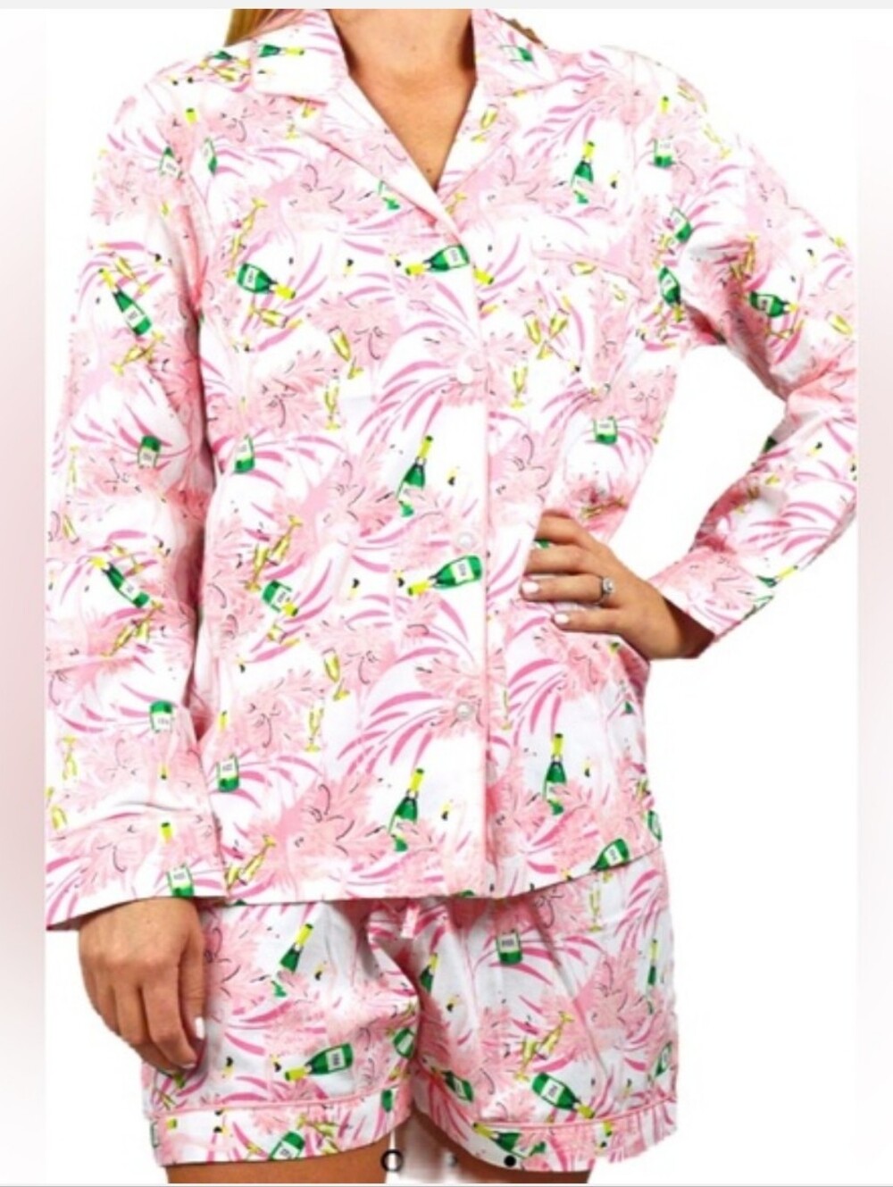 8 Oak Lane Flamingo Bubbly Long Sleeve Shorts Pajama Set Size L/XL